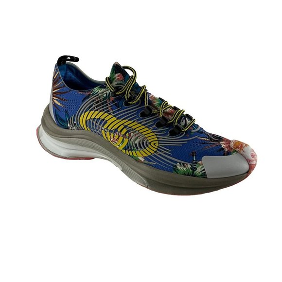 Gucci Men's Run Floral Sneakers Interlocking G Orange Monogram Blue Multi Sz 8 - Picture 6 of 12